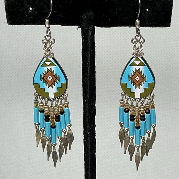 Vintage Boho Southwestern Earrings Lot Beaded Enamel Fringe Dangle Silver Tone - Picture 4 of 5